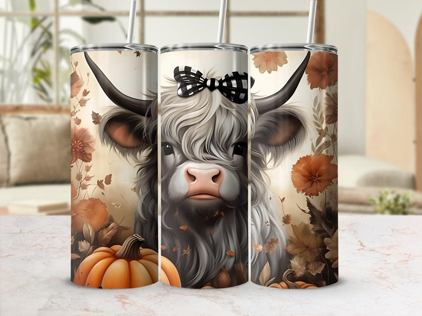 Highland Cow with Autumn Flowers Tumbler Cup Design