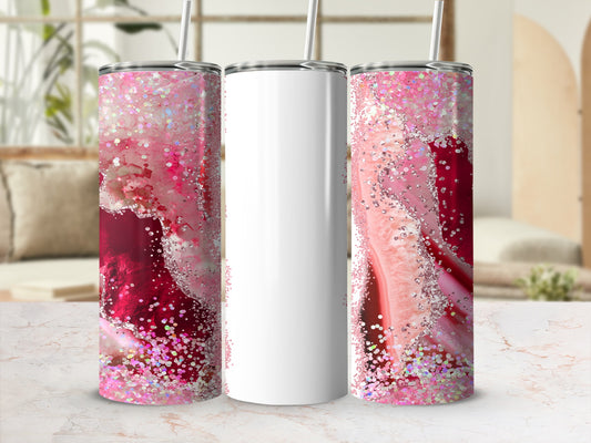 White tumbler with pink and gold glitter and agate design.