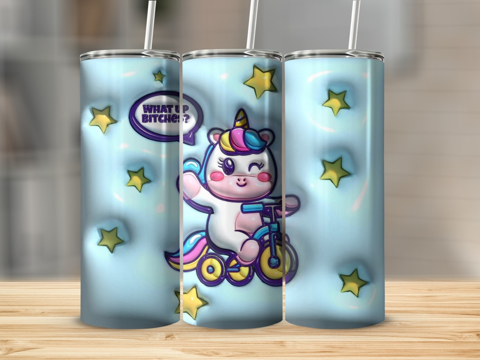 Cute Unicorn Riding Bike with Stars Tumbler Design