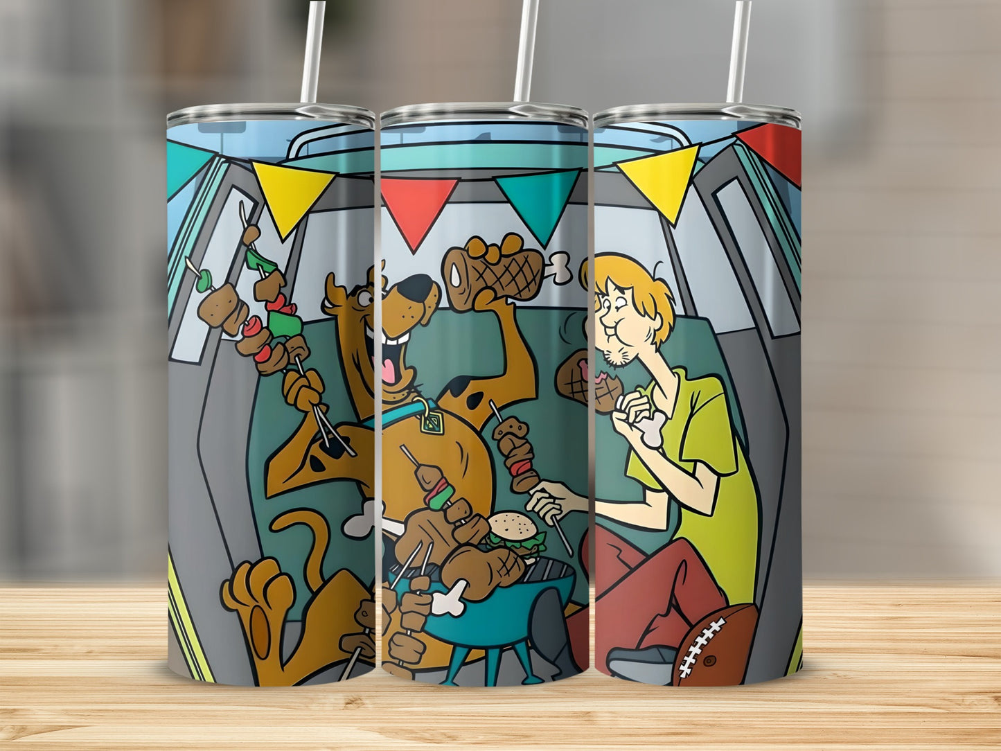 Scooby-Doo and Shaggy grilling hot dogs and burgers with skewers.