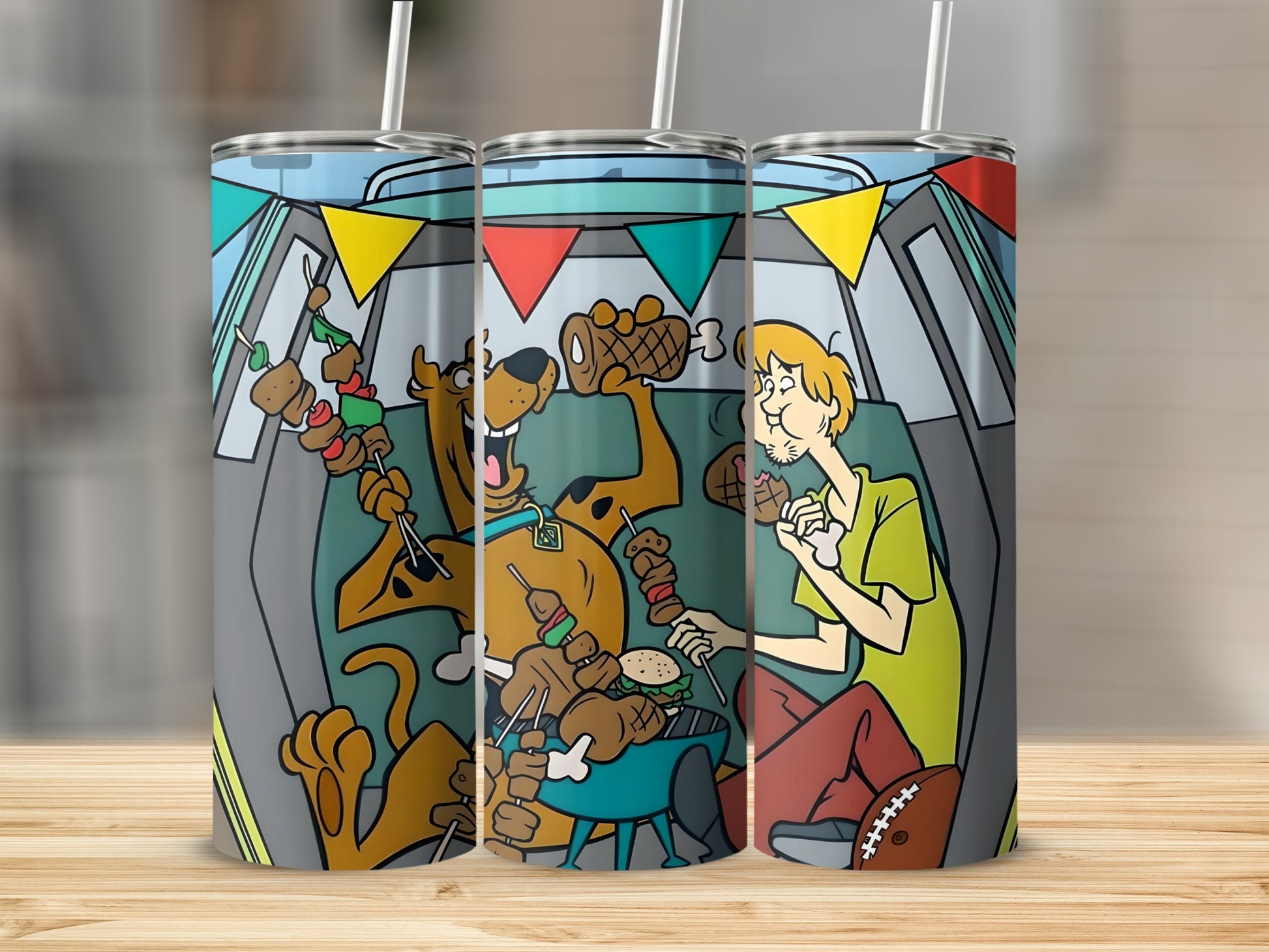 Scooby-Doo and Shaggy grilling hot dogs and burgers with skewers.