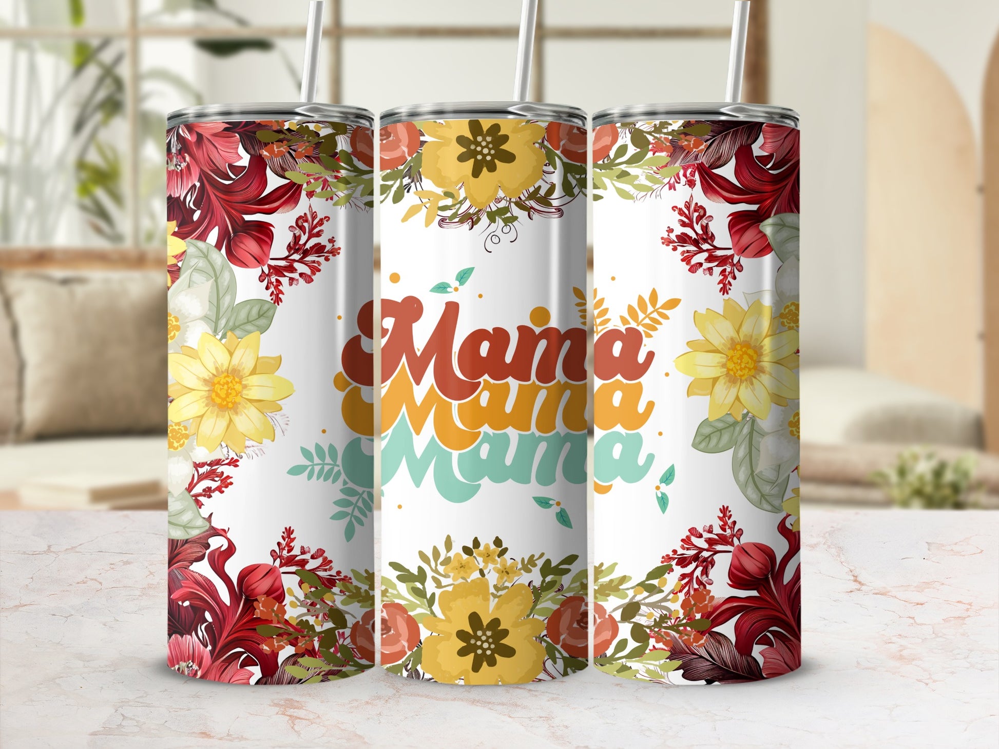Mama Themed Floral Design Insulated Tumbler Cup