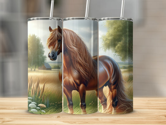 Brown horse with flowing mane in a field.