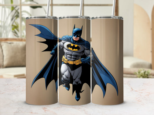 Batman running forward in a comic book style on a tan background.