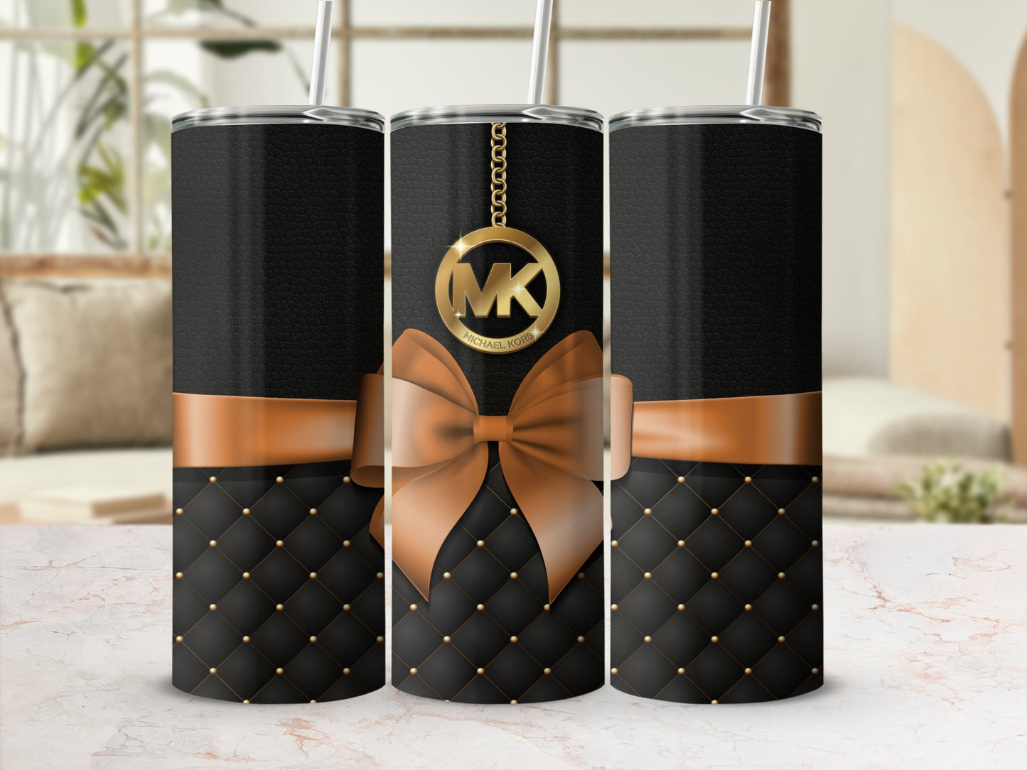 Elegant Black and Gold Bow Design MK Logo Tumbler