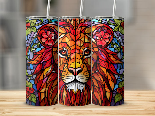 Lion face with stained glass pattern, shown on three tumblers.