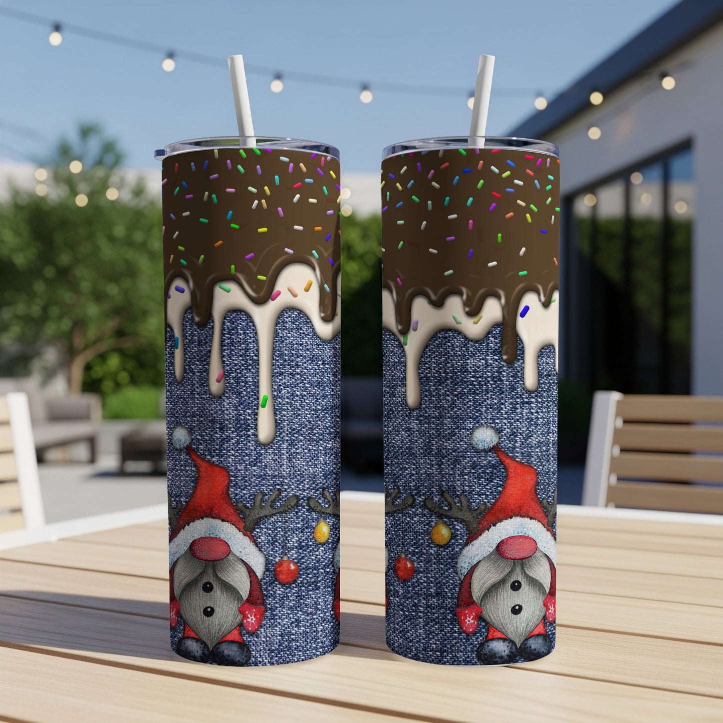 Two gnome-themed tumblers with chocolate drizzle and sprinkles.