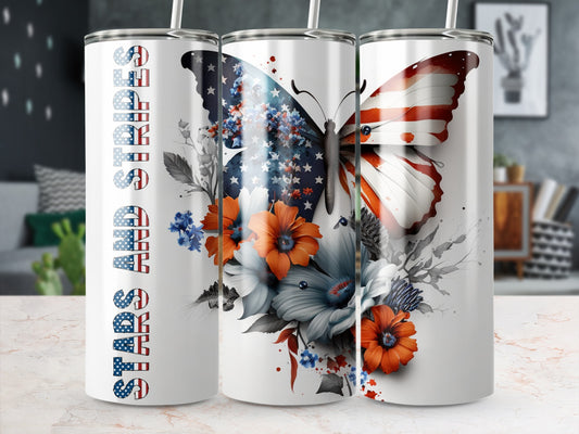 Tumbler with patriotic butterfly and floral design with "Stars and Stripes" text.