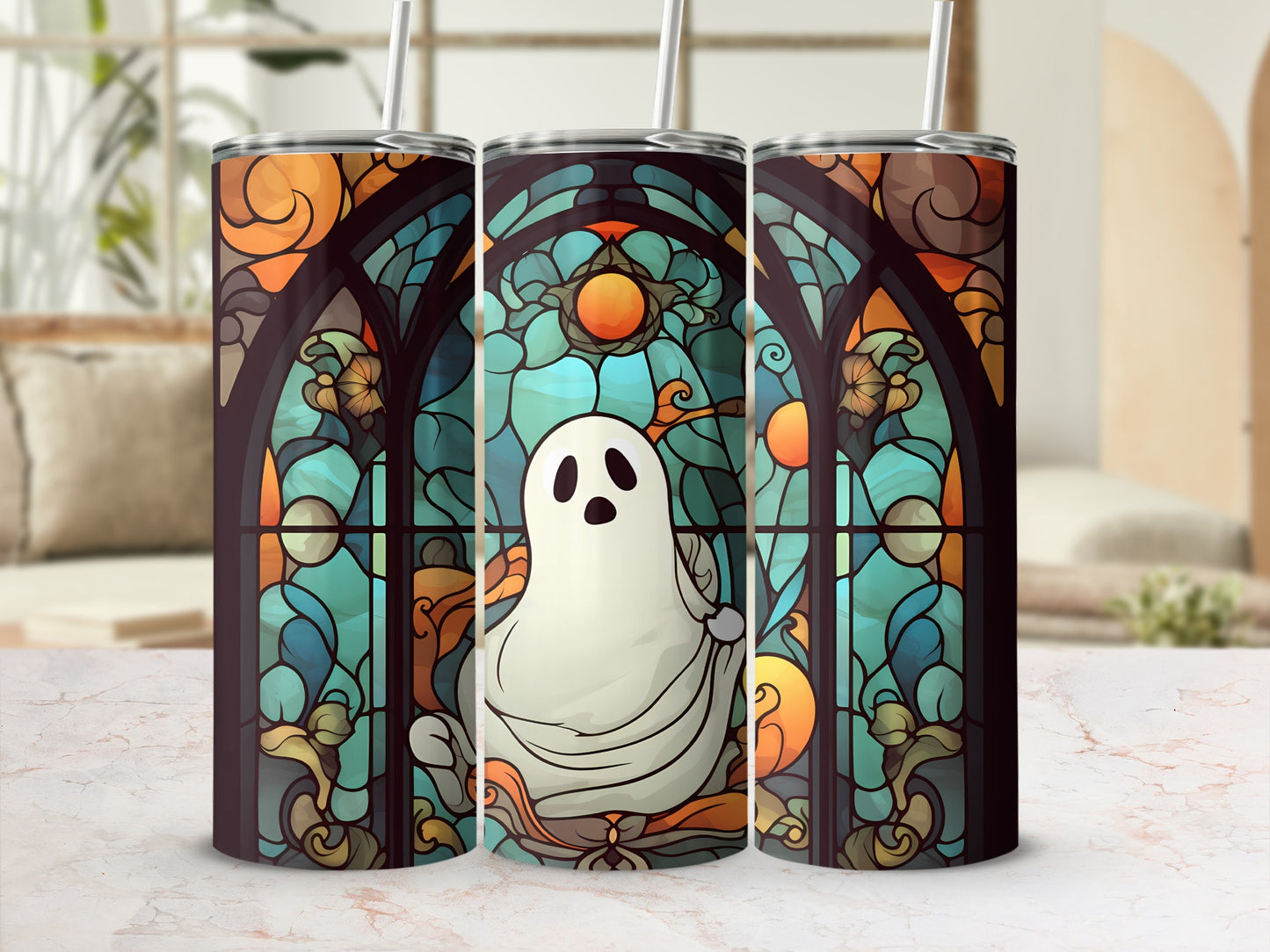 Ghost in stained glass design on three tumblers.