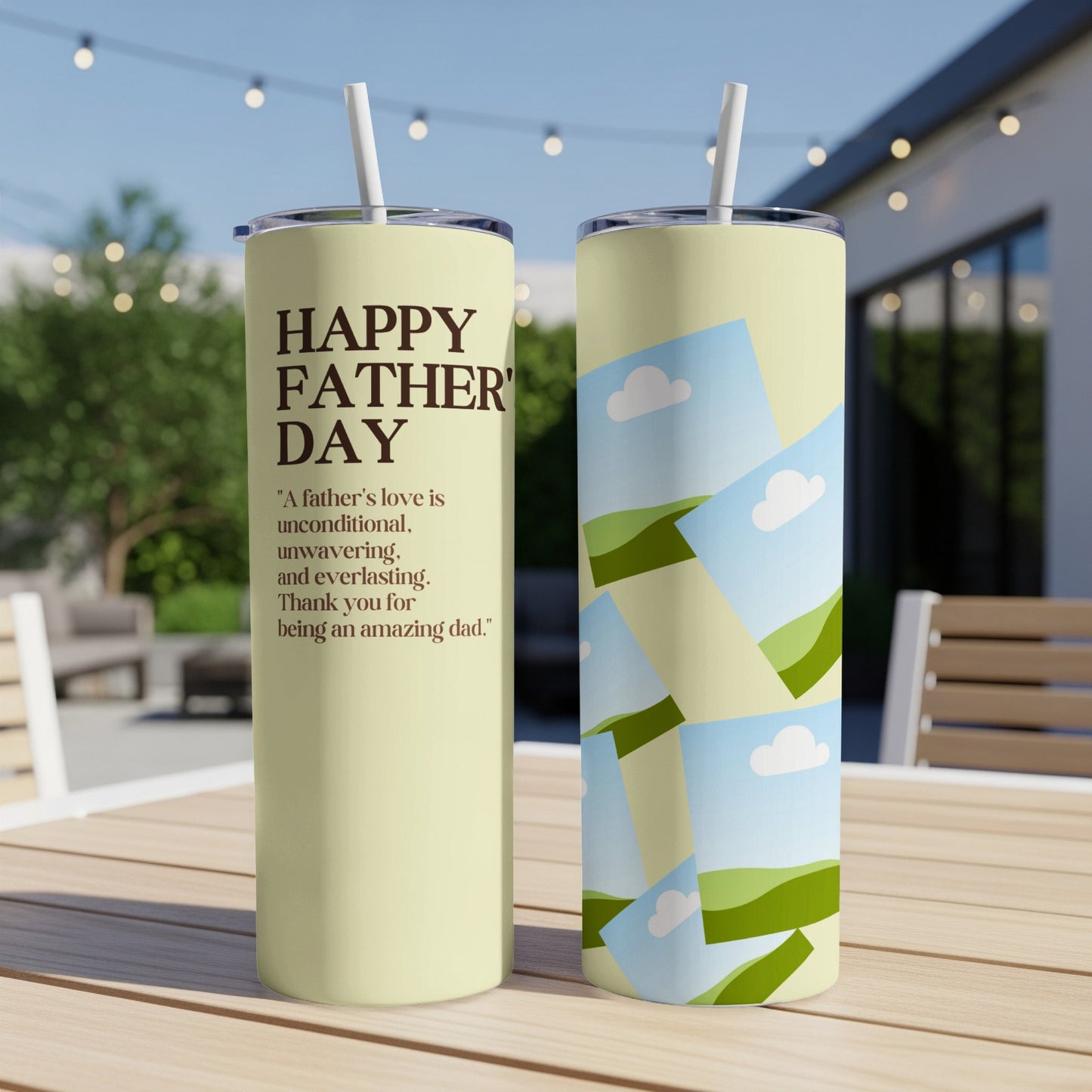 Two tumblers, one with "Happy Father's Day" text, the other with a scenic pattern.