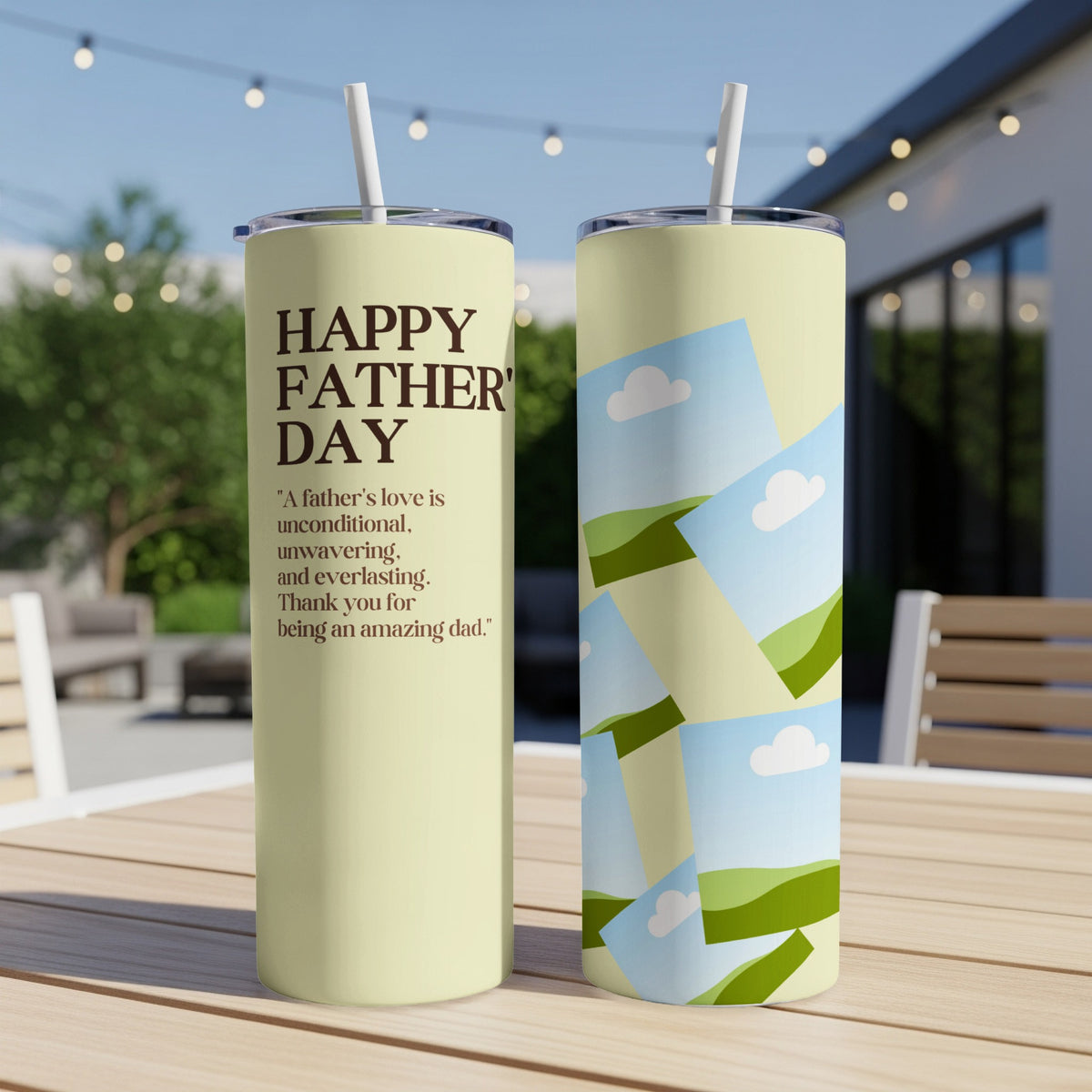 Two tumblers, one with "Happy Father's Day" text, the other with a scenic pattern.