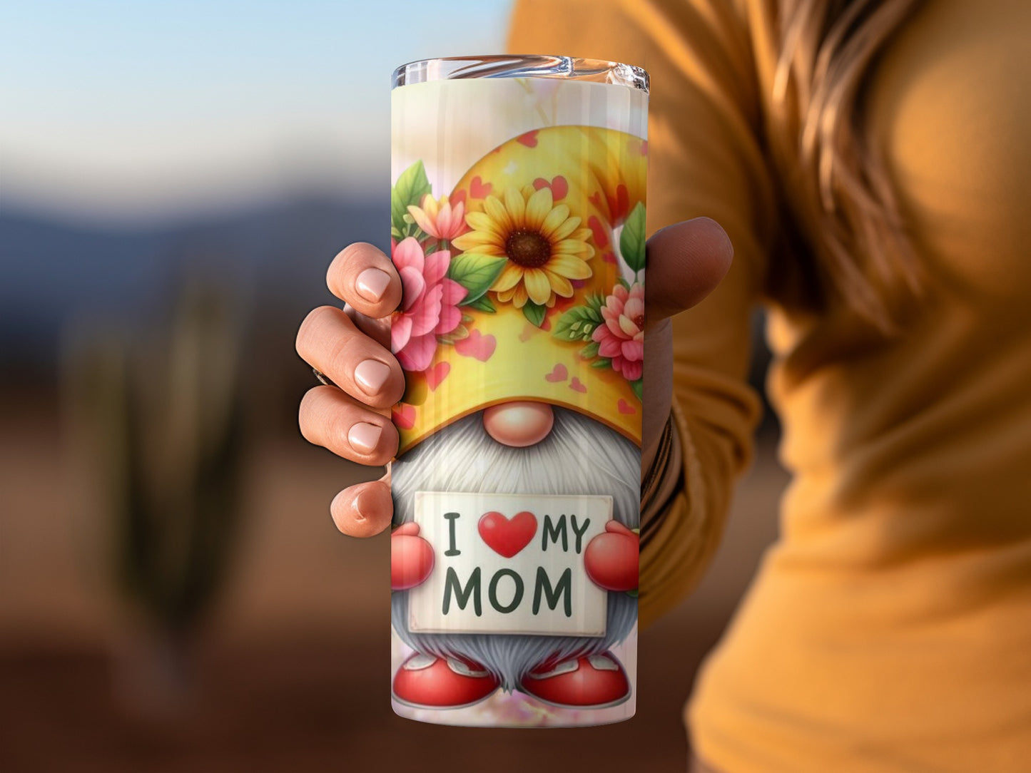 I Love My Mom Gnome with Flowers Tumbler Cup