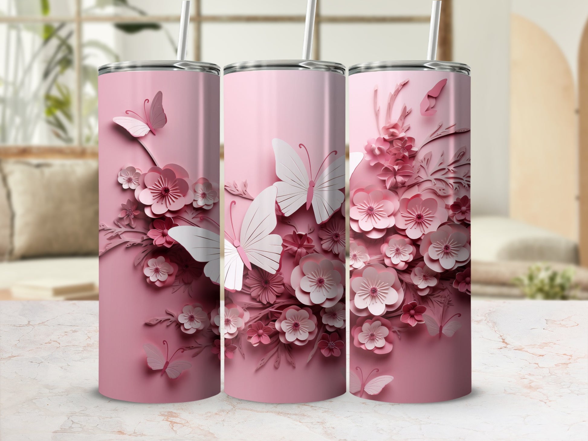 Beautiful Pink Butterflies Flowers Papercut Tumbler product type