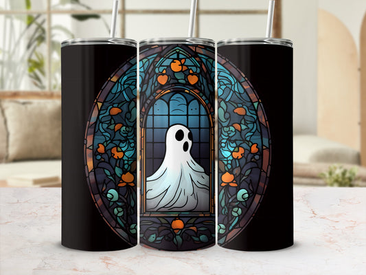 Stained glass tumbler with a ghost peeking through a window.