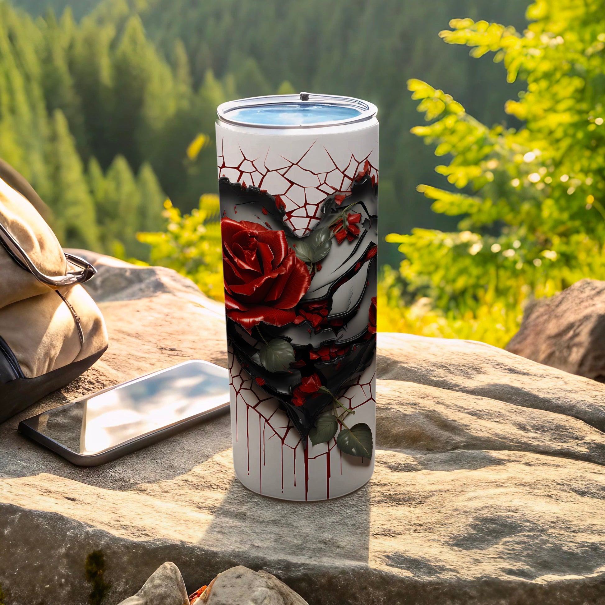 Stunning Red and Black Rose Cracked Heart Design Tumbler