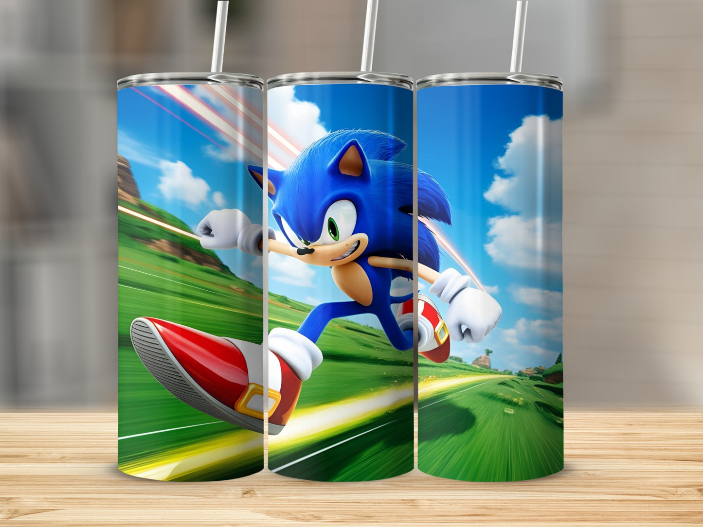 Sonic the Hedgehog running fast on a green track with motion blur.