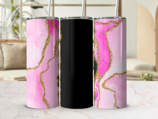 Two pink marble tumblers with gold glitter accents flank a black tumbler.
