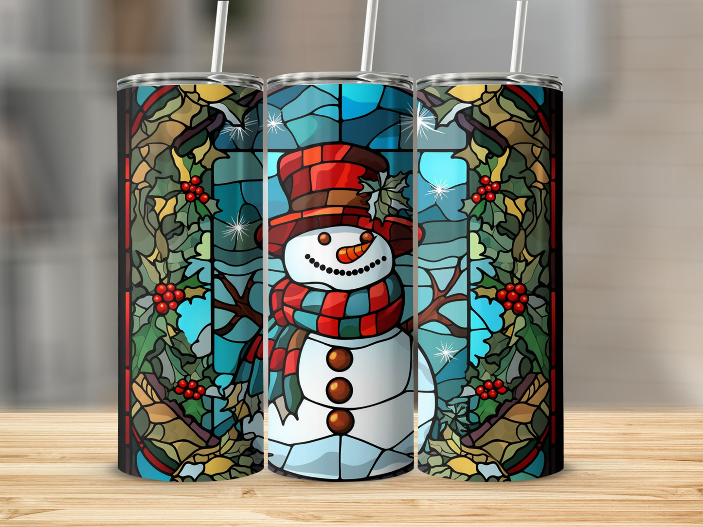 Snowman tumbler with stained glass holly and berry design.