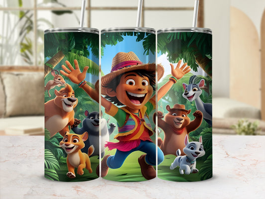 Animated boy in straw hat running with smiling cartoon jungle animals.