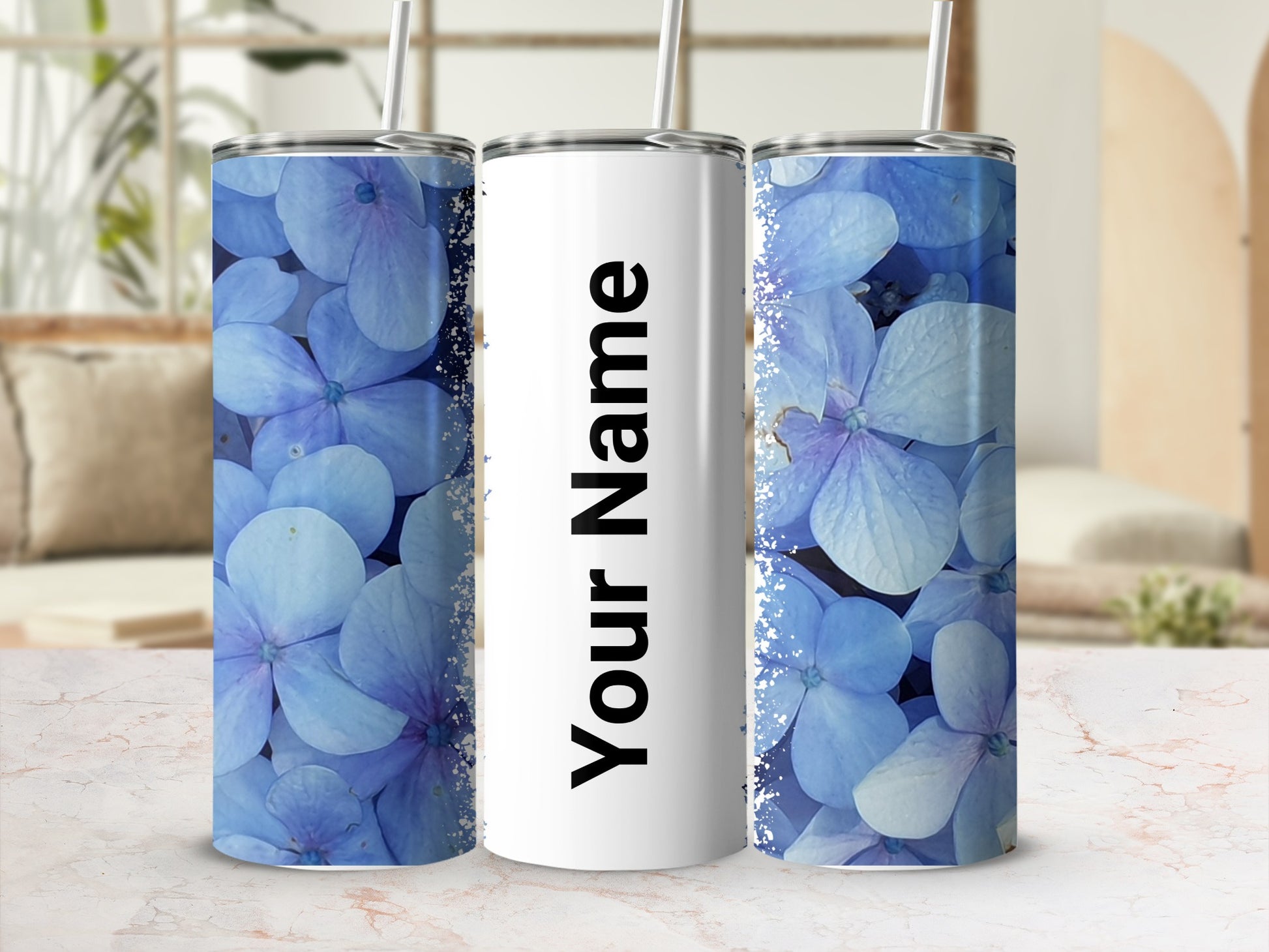 Customizable Blue Hydrangea Floral Tumbler with Straw