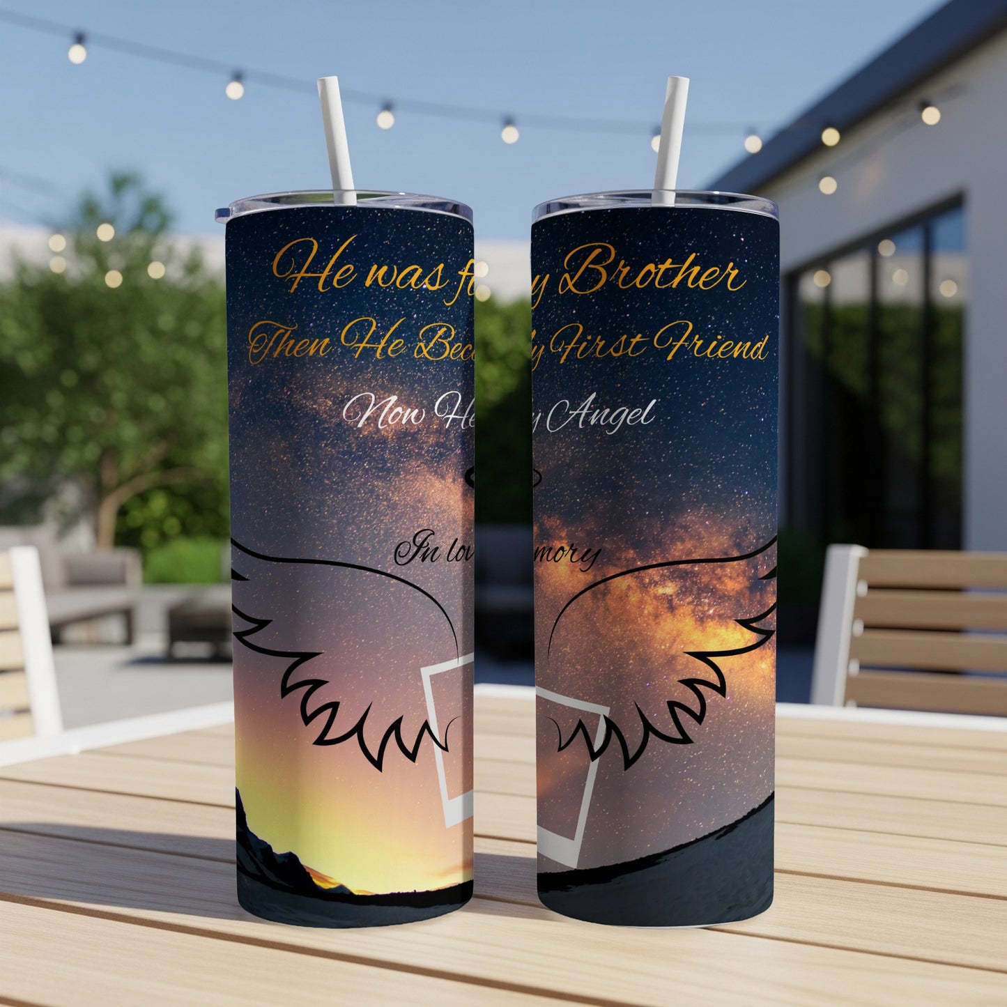 Two tumblers with starry sky, sunset, and angel wing design with memorial text.
