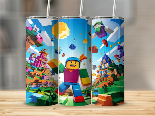 Minecraft-themed tumbler with characters and blocky structures in a vibrant landscape.