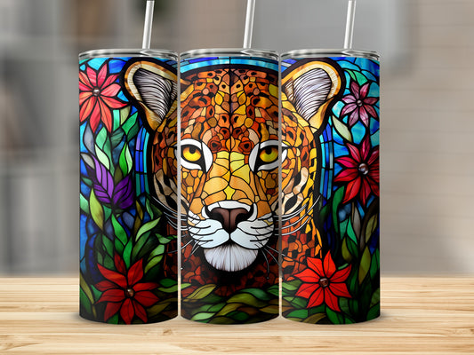 Three stained glass tumblers featuring a leopard's face surrounded by flowers.