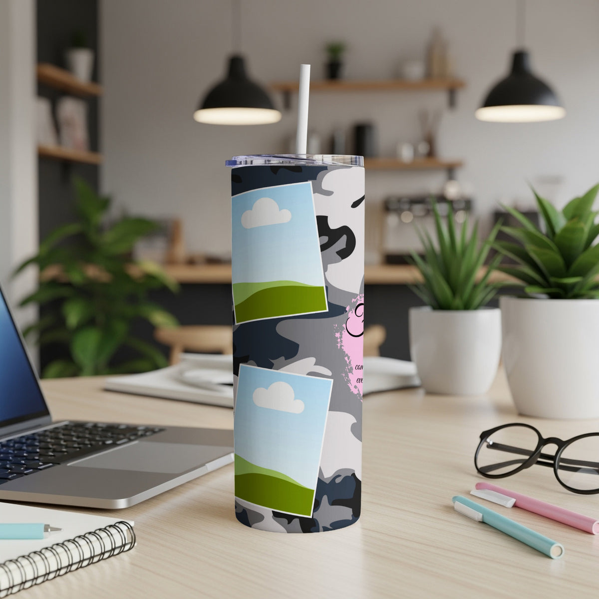 Camouflage tumbler with photo placeholders and pink heart graphic.