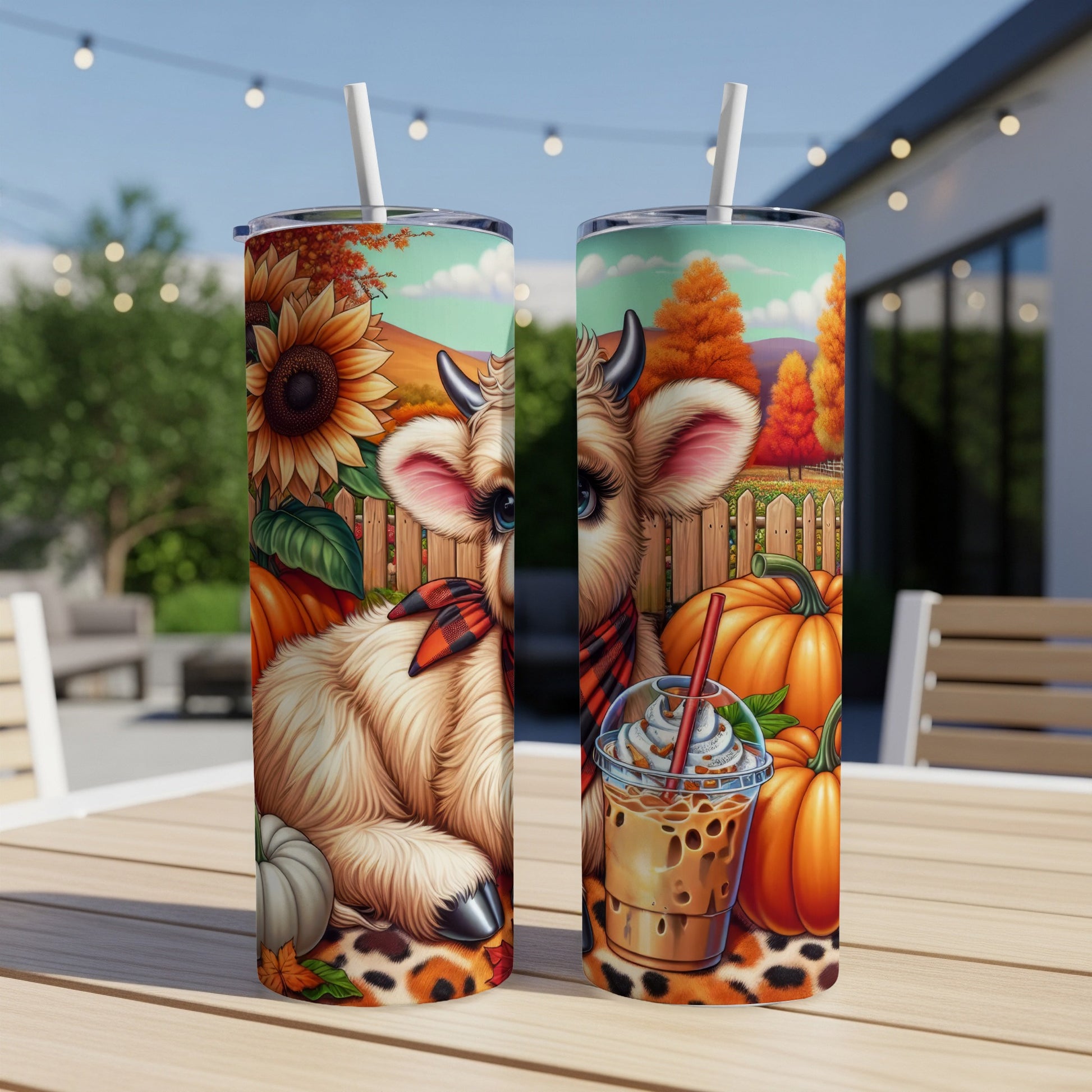 Two tumblers featuring a fluffy cow, pumpkins, sunflowers, and fall foliage.