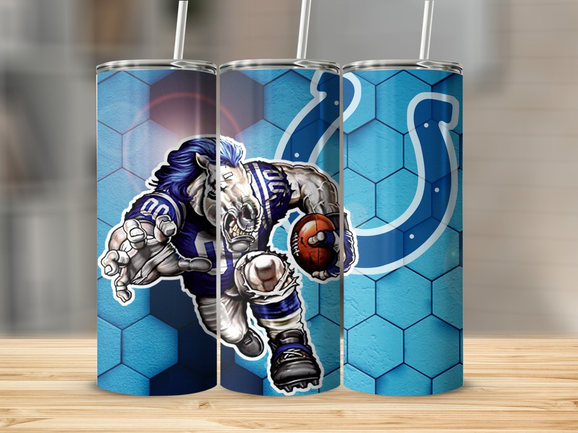 Blue Football Character Design Hexagonal Pattern Tumbler