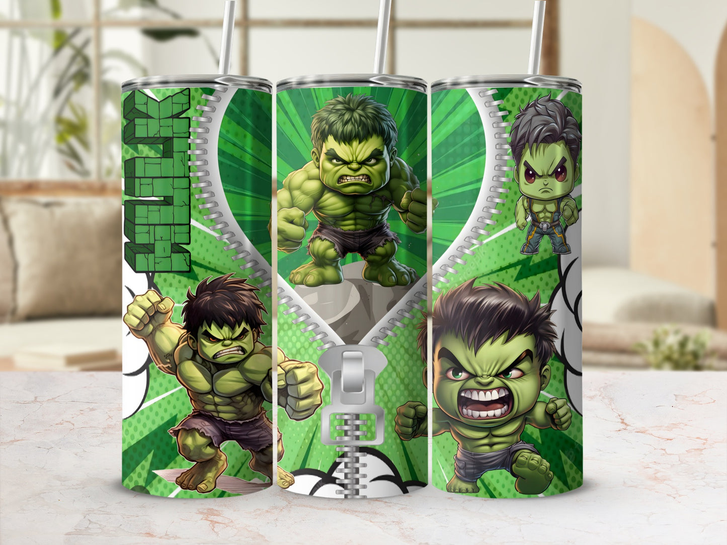 Hulk Cartoon Characters Green Tumbler with Straw