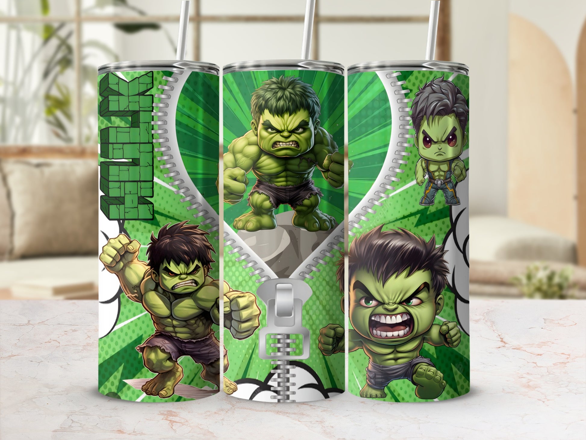 Hulk Cartoon Characters Green Tumbler with Straw