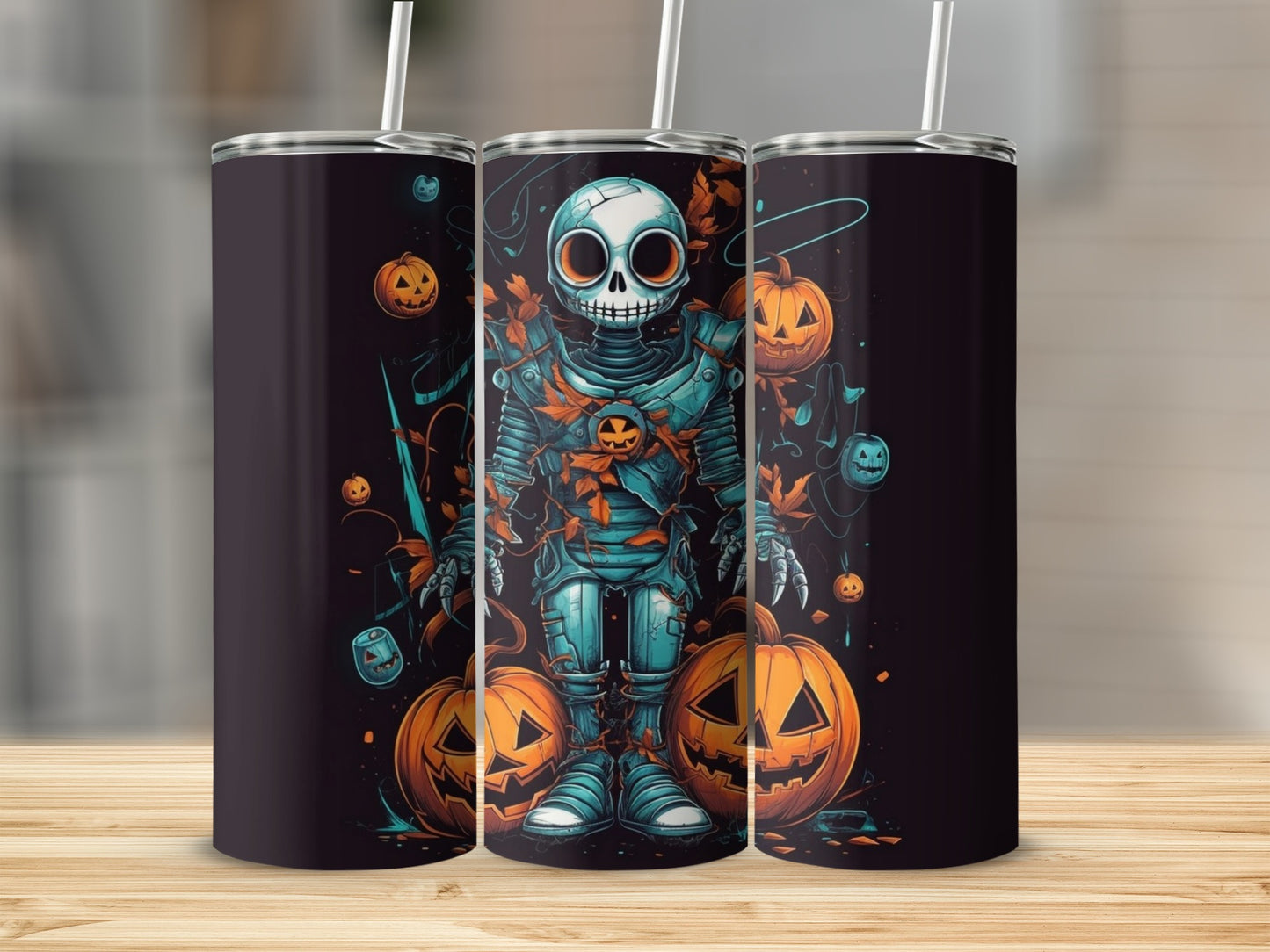 Robot skeleton with pumpkins and fall leaves Halloween design on dark tumblers.