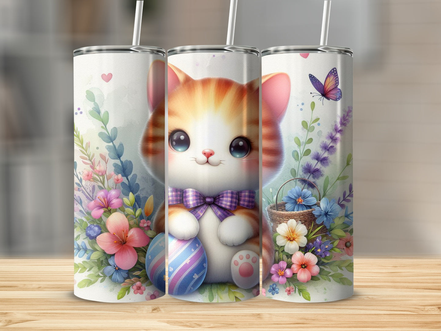 Striped kitten with Easter eggs and flowers on a skinny tumbler.