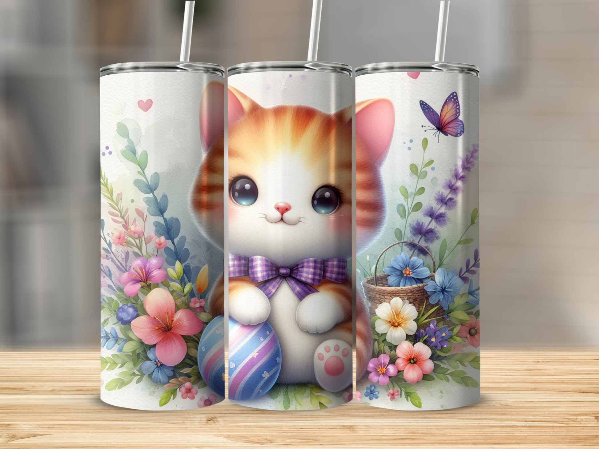 Striped kitten with Easter eggs and flowers on a skinny tumbler.