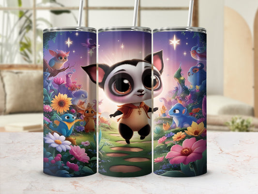 Cute cartoon character on a path surrounded by colorful flowers and whimsical creatures.