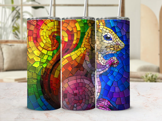 Three colorful tumblers featuring mosaic designs and a squirrel illustration.