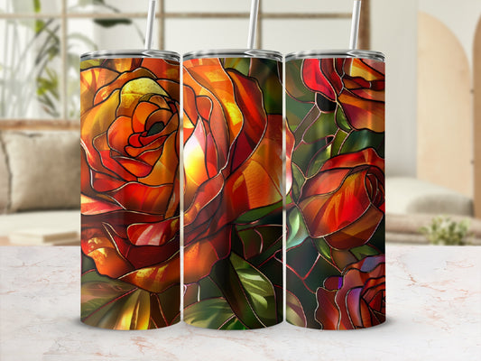 Triptych of stained glass tumblers with vibrant orange and red rose floral design.