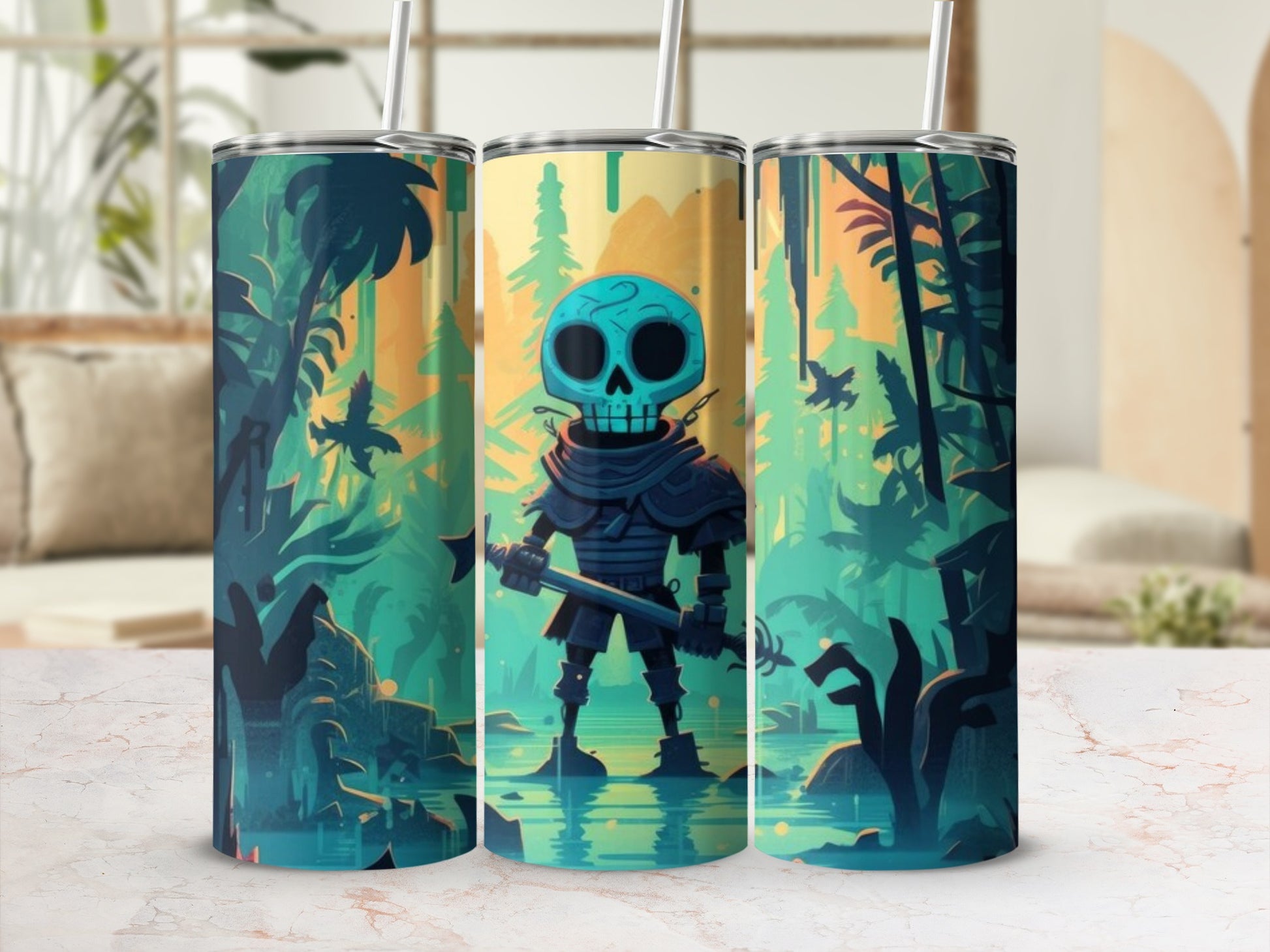 Tumbler with cartoon skeleton warrior in a lush jungle scene with birds.