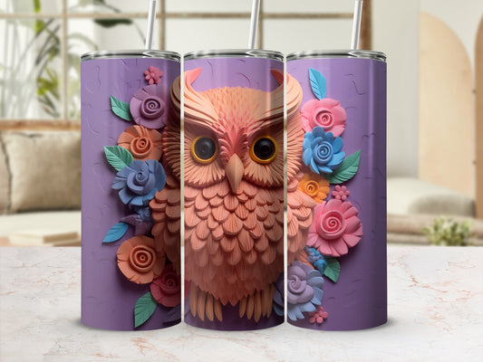Purple tumbler with a textured owl and floral design.