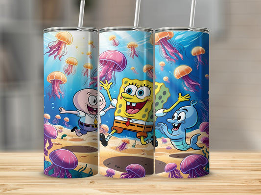 SpongeBob, Patrick, and Gary swimming with jellyfish underwater.