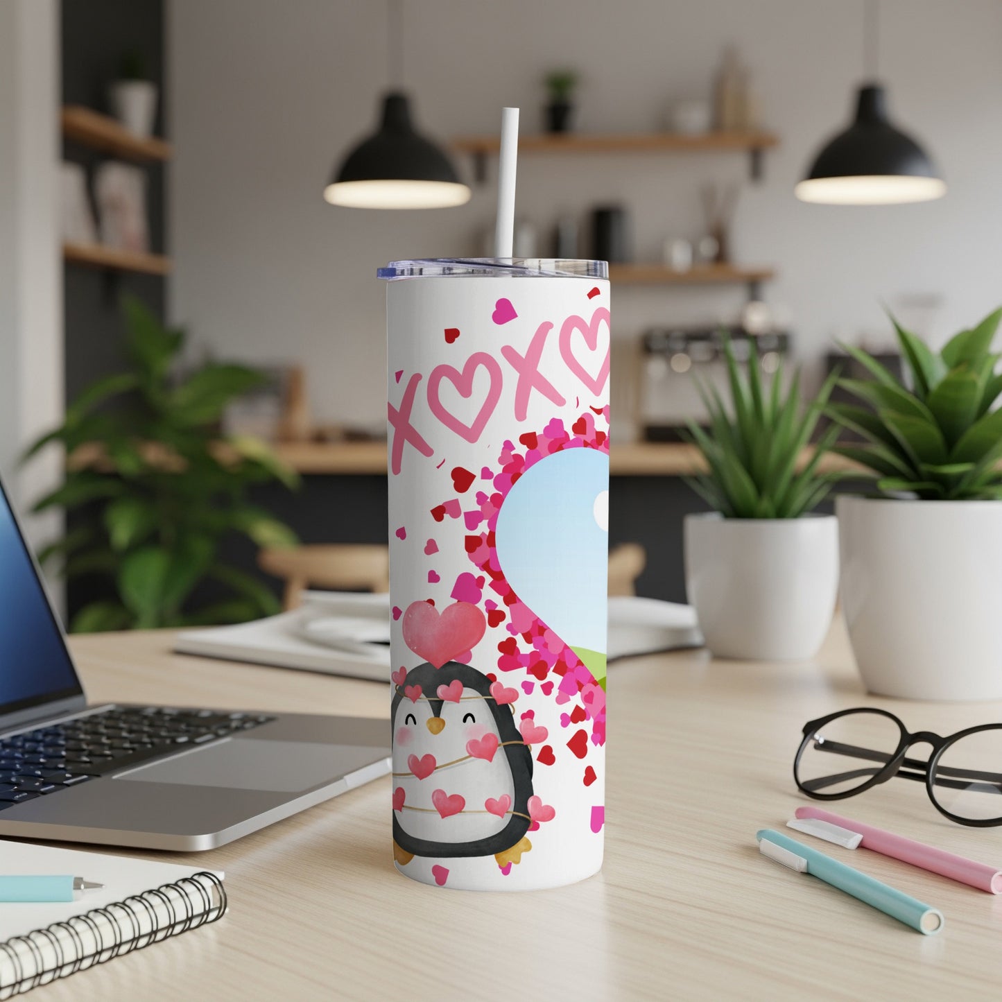 Tumbler with a cute penguin, hearts, and "XOXO" text.