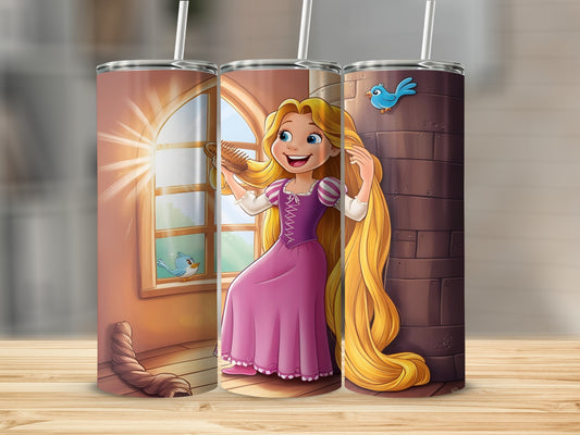 Rapunzel with long blonde hair, holding a comb, in a castle window.