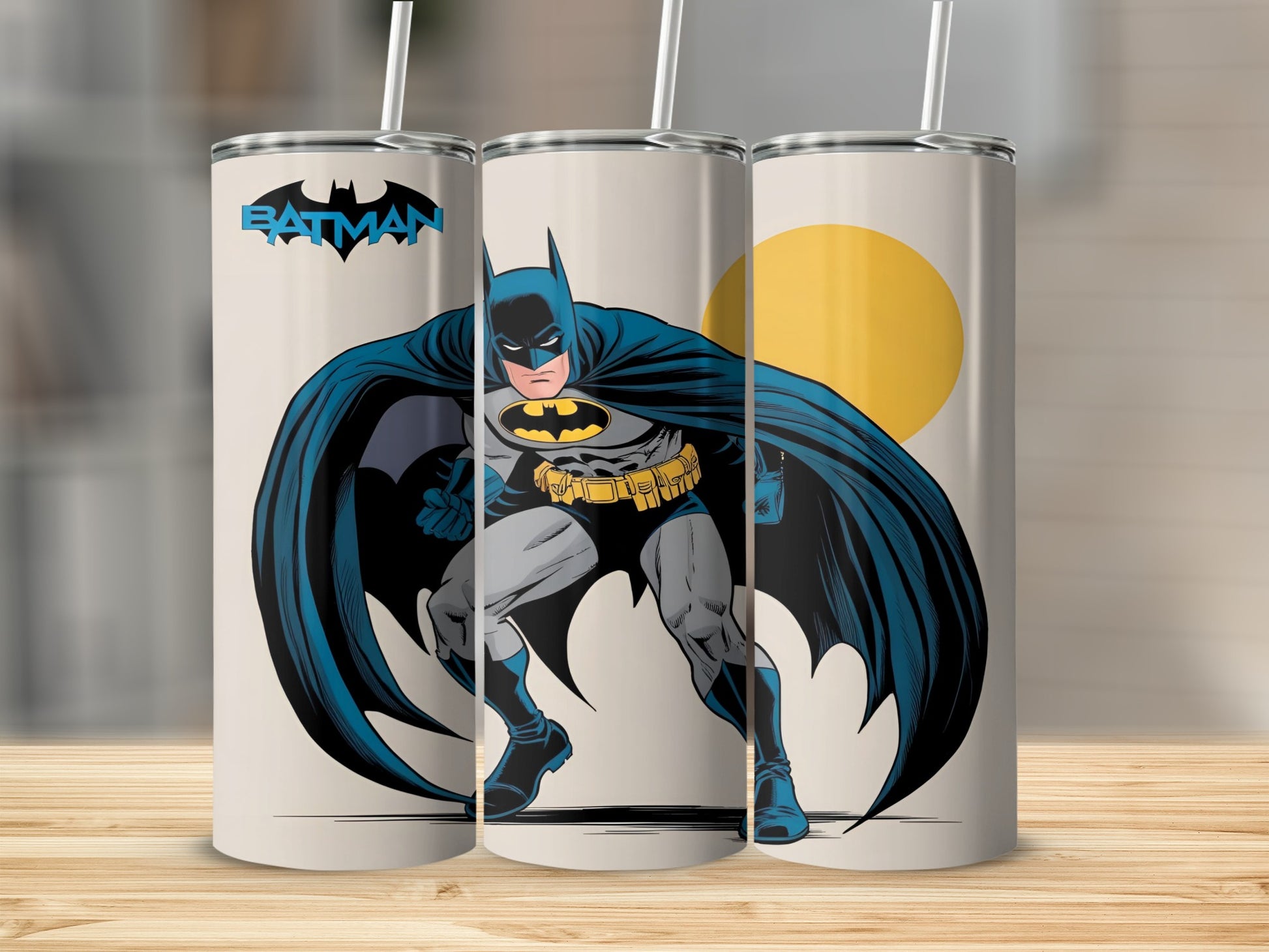 Batman in a dynamic pose with his cape flowing against a beige background and yellow circle.
