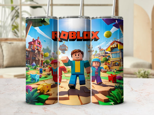 Roblox characters and game world graphics on a cylindrical tumbler with straw.