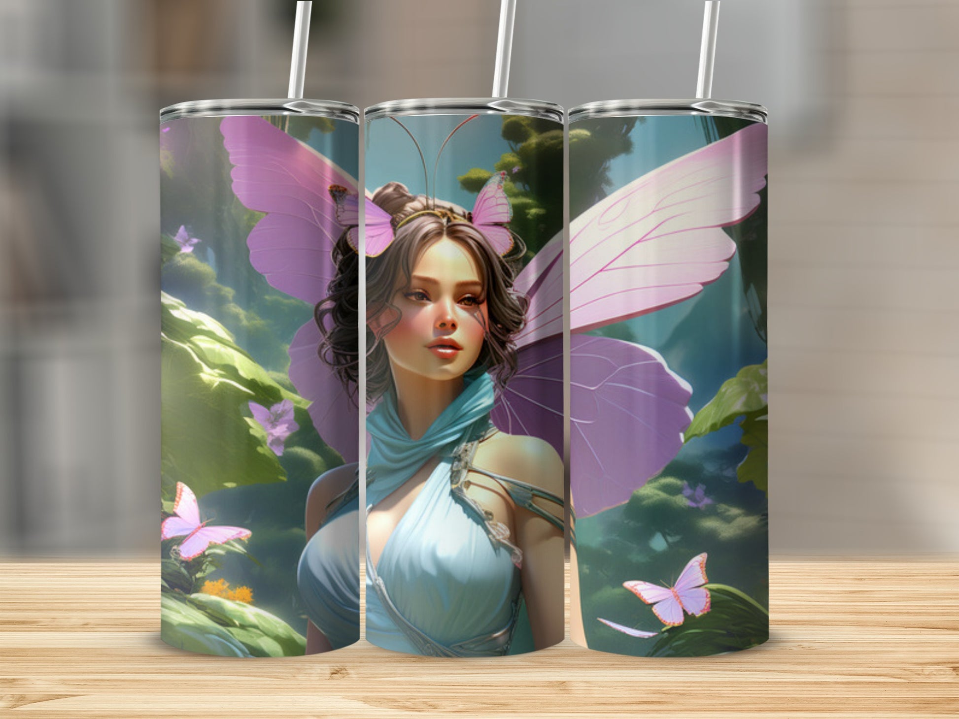Fairy woman with purple wings, blue scarf, and floral background.