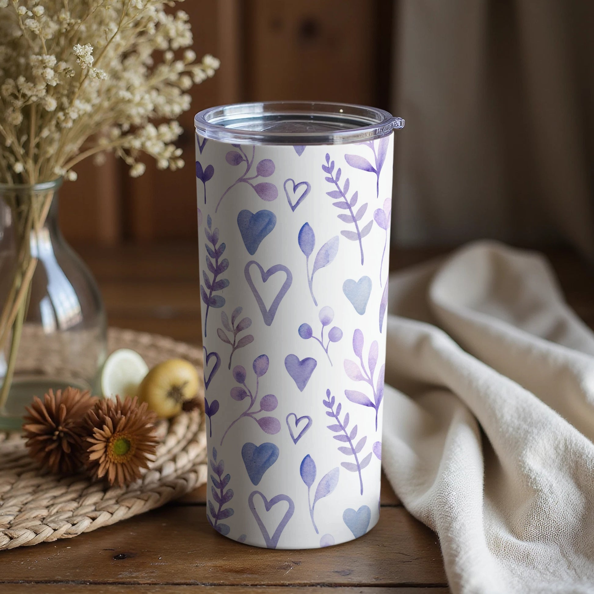 Purple Hearts and Leaves Design Insulated Tumbler