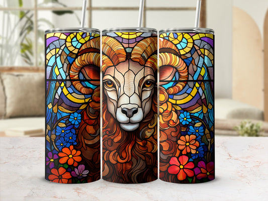 Ram's head with colorful floral stained glass design on tumbler.