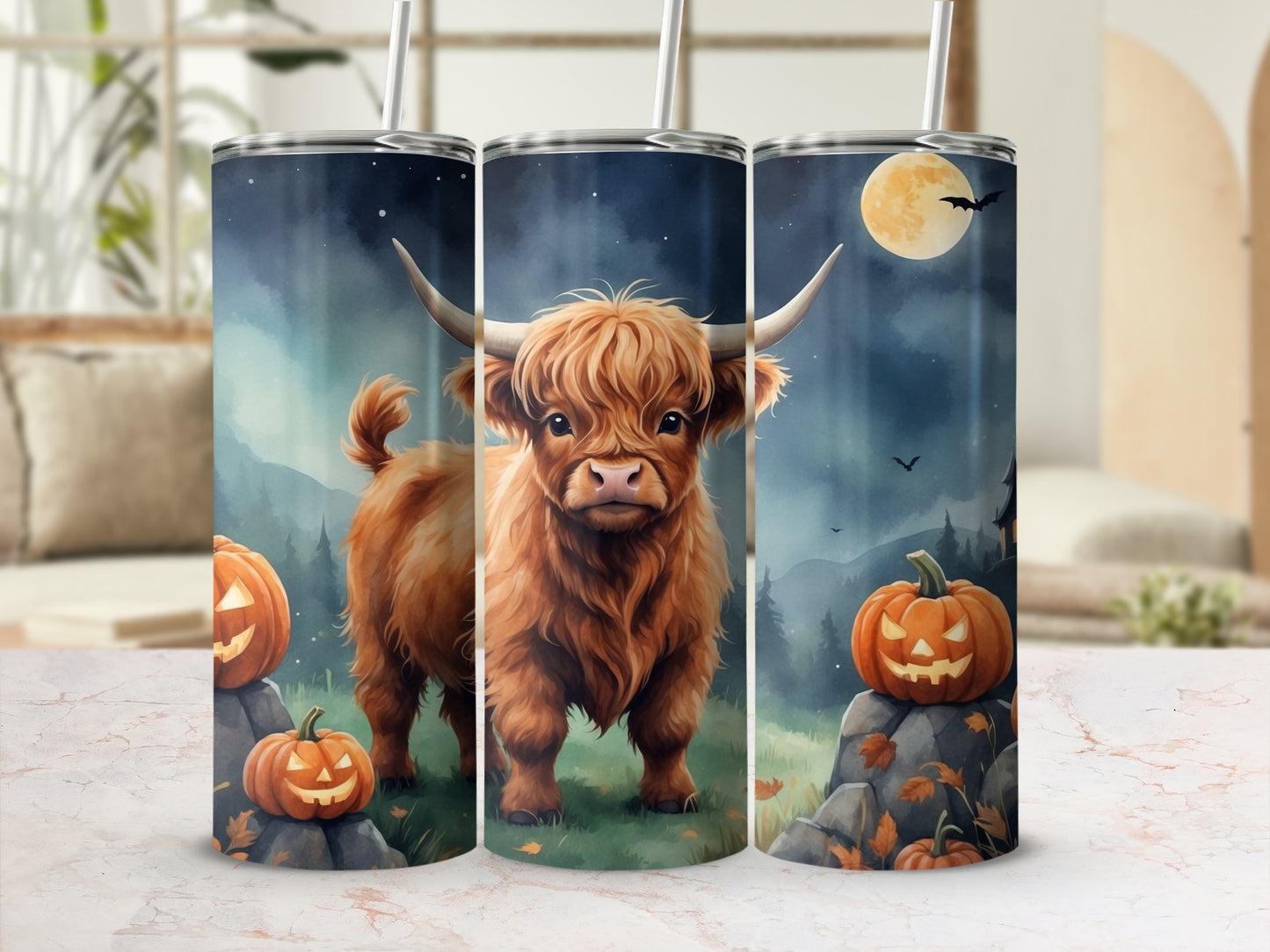 Highland cow with pumpkins and moon illustration on a tumbler.