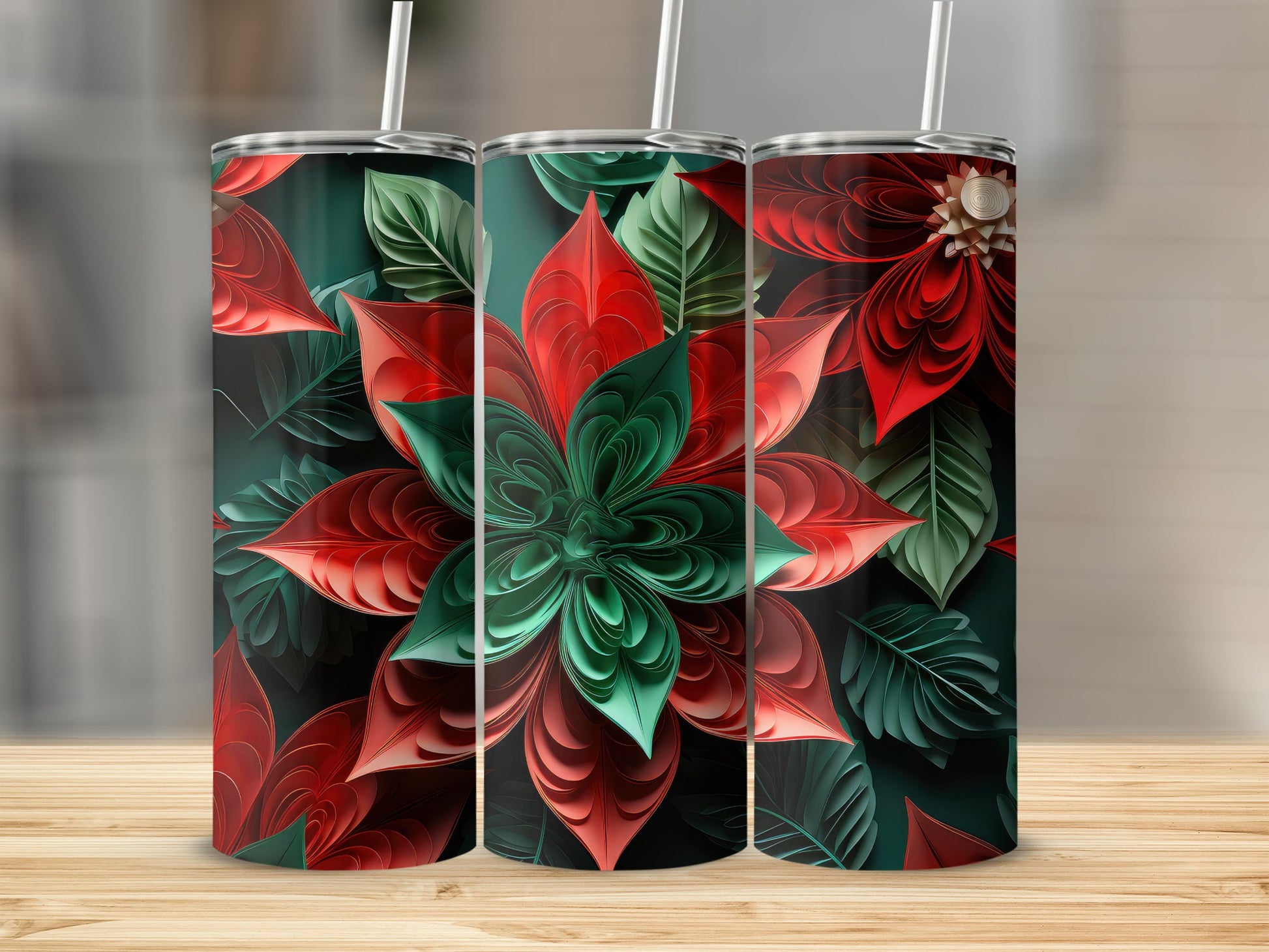 Three tumblers with a red and green floral papercraft design.